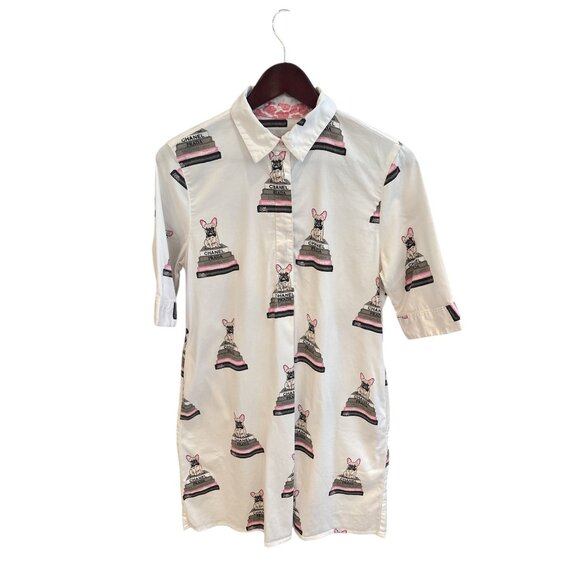 Dizzy Lizzie Womens French Bulldog Designer Print Button-Down Shirt S 95% Cotton - Picture 1 of 7